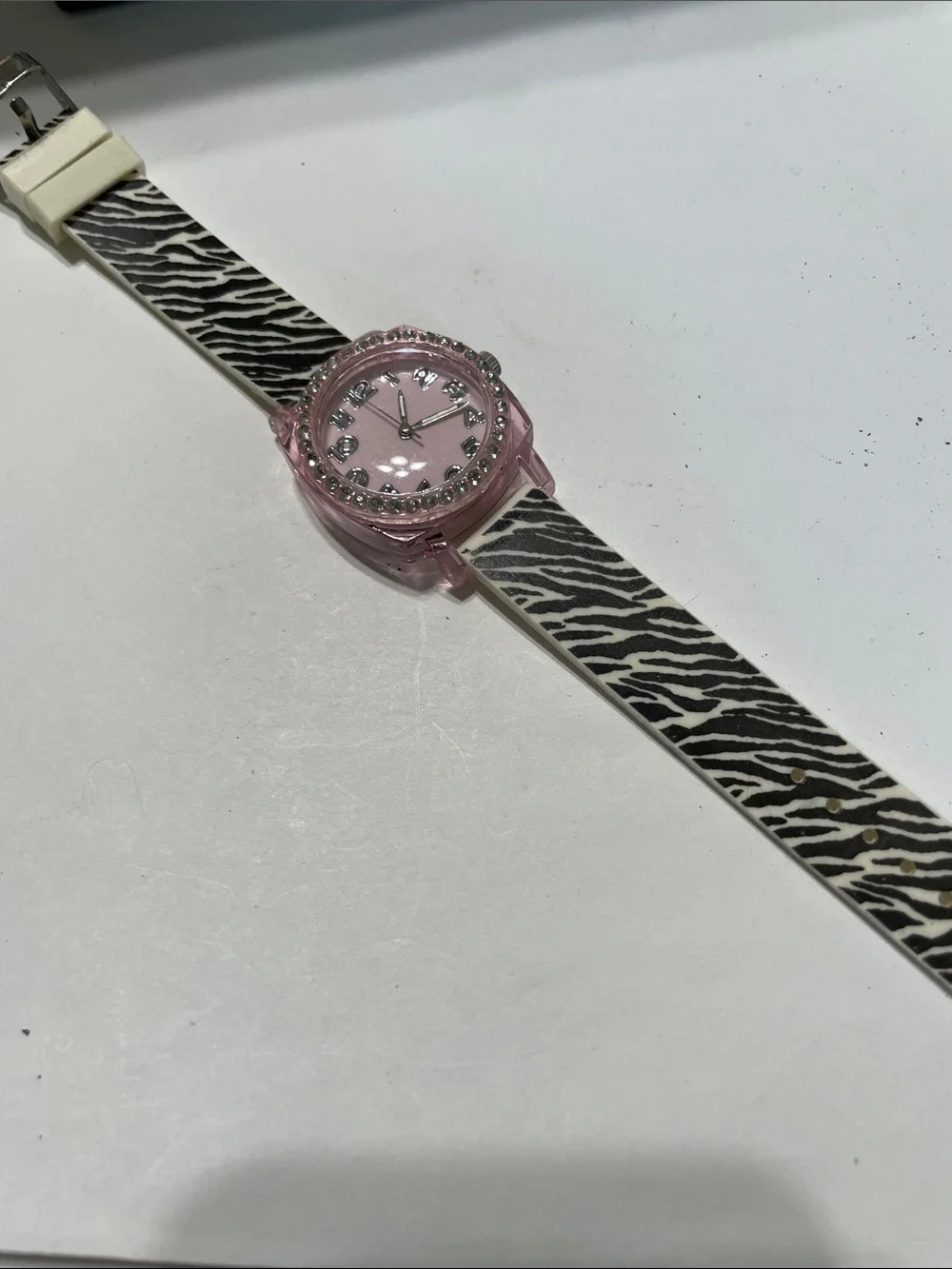 Pink Crystal Accent Womens Watch with Zebra Print Strap.  Needs Battery.